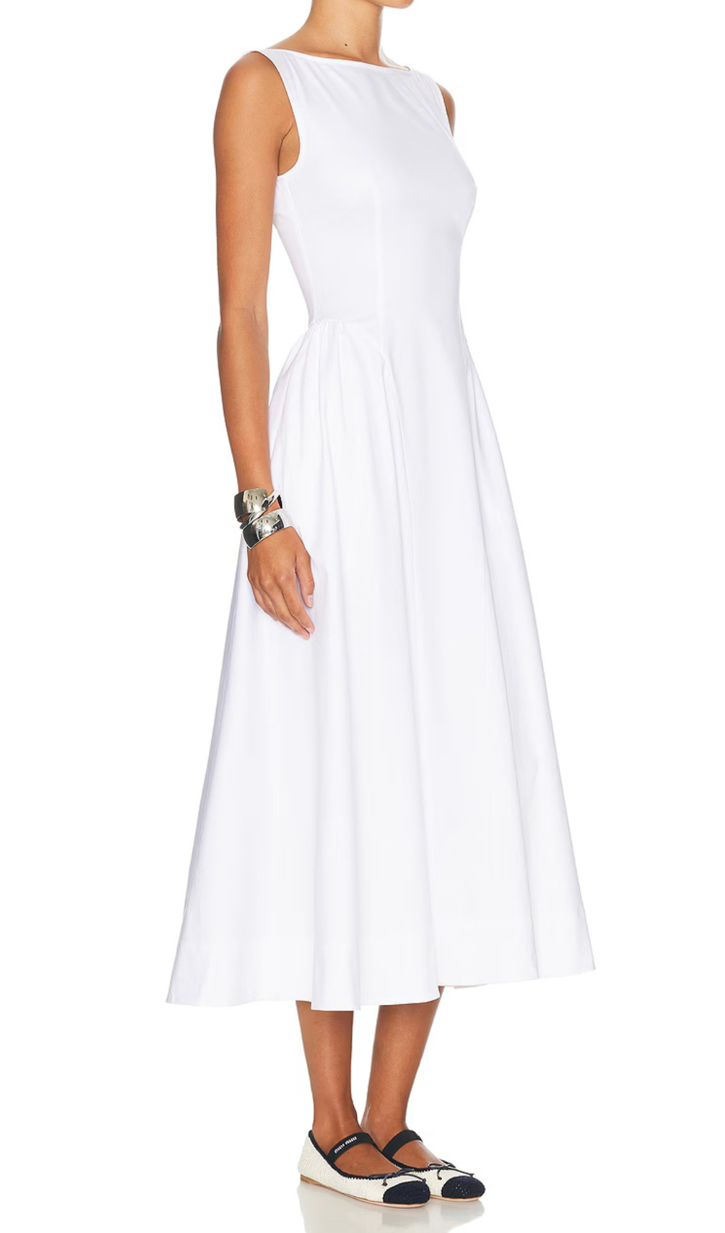 STRETCH COTTON SATEEN MIDI DRESS WHITE WEDDING GUEST