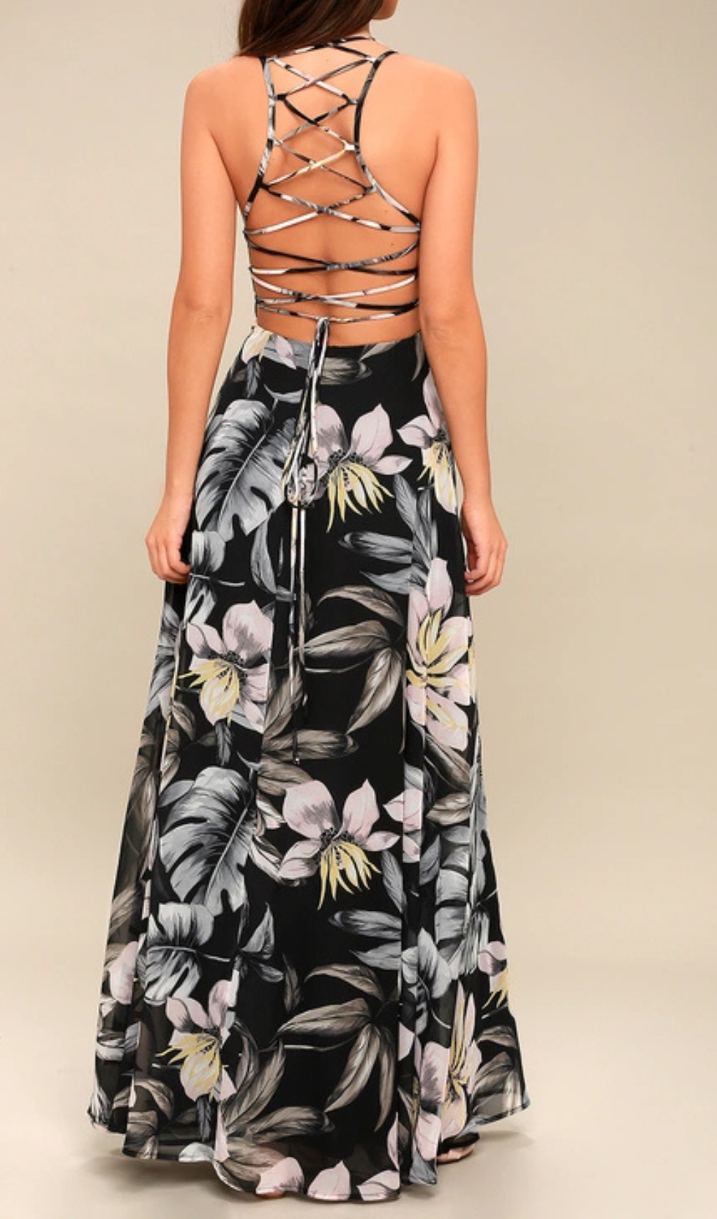 BLACK FLORAL LACE-UP MAXI DRESS FOR WEDDING