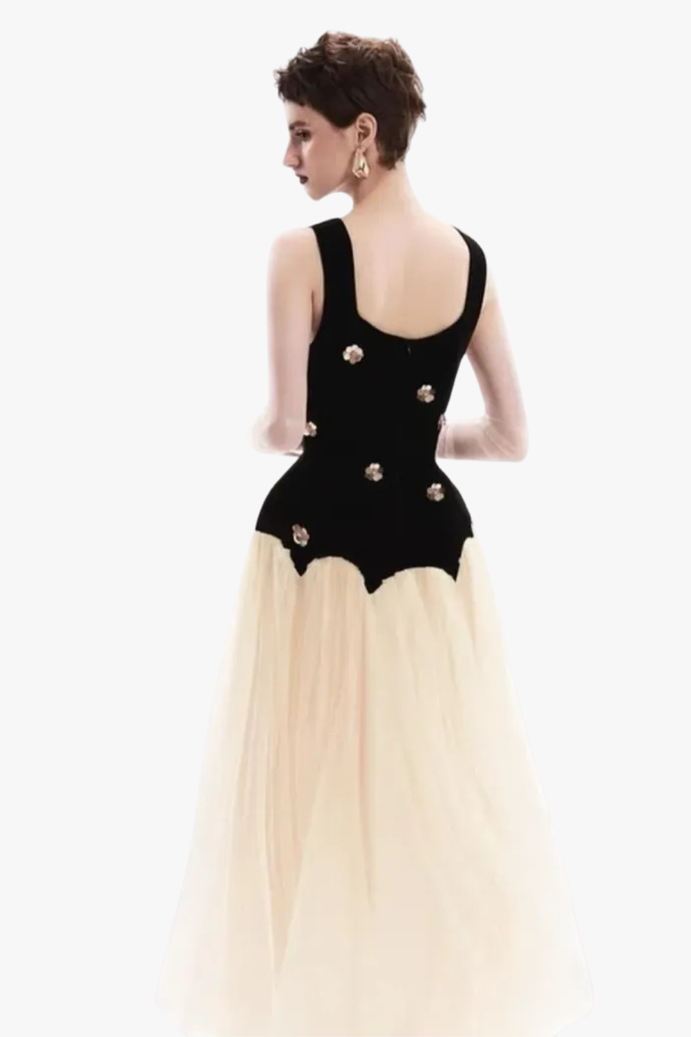 STEREOSCOPIC FLORAL SLEEVELESS MESH MIDI DRESS