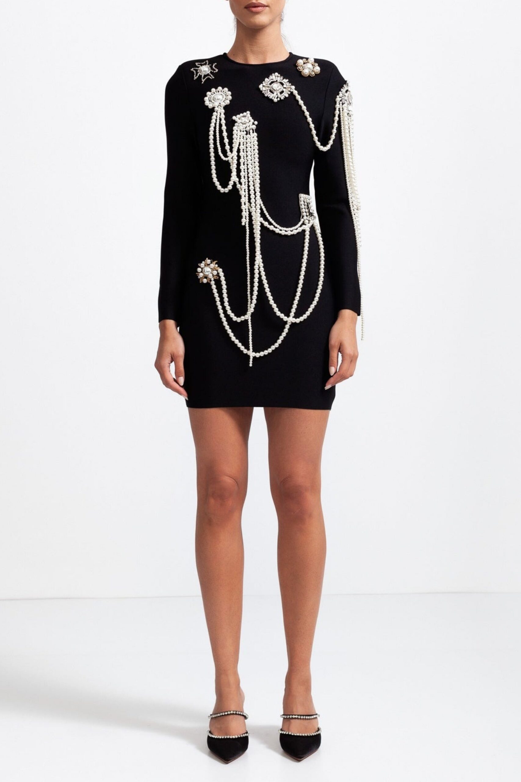 LONG SLEEVE PEARL MINI DRESS - BLACK