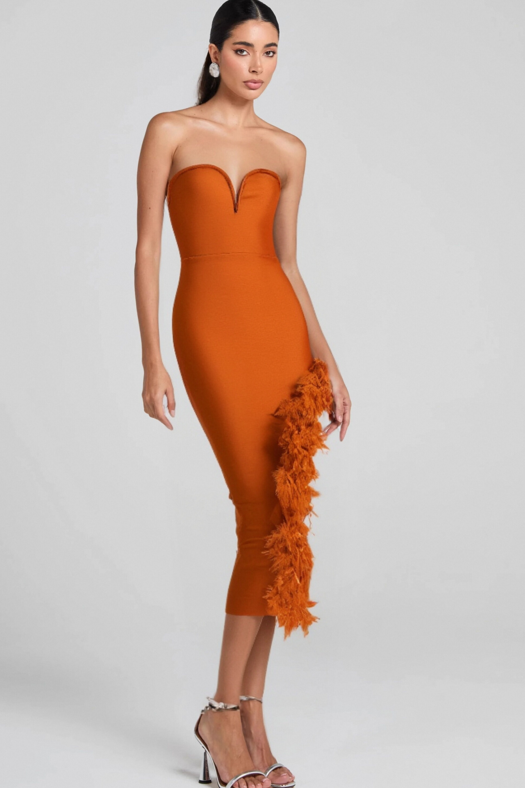 2_a8a7a311-4b05-4851-9ce2-e4f3ee4f2524 OSTRICH FEATHER V-NECK BANDAGE DRESS BROWN