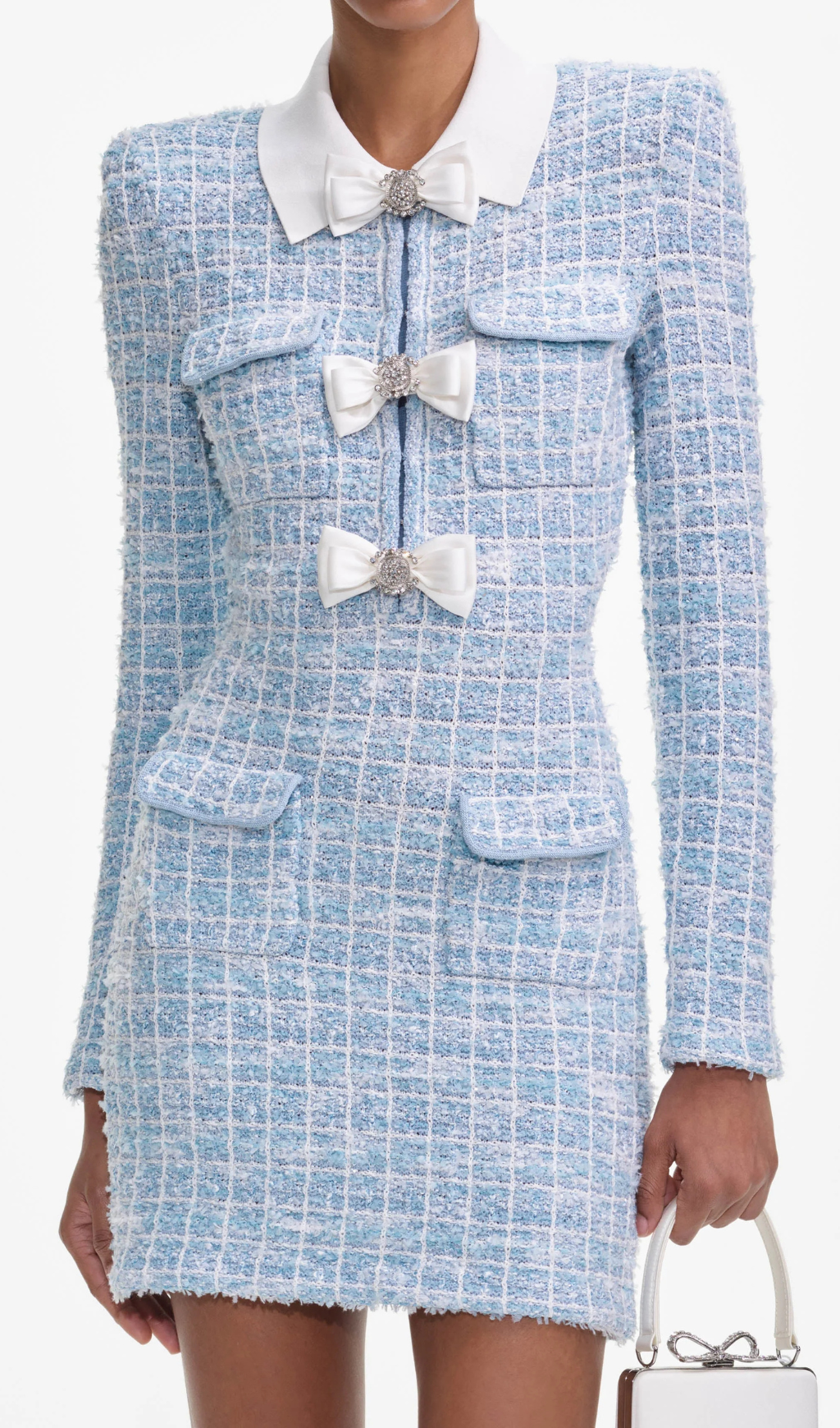 CHECK COLLAR KNIT MINI DRESS BLUE