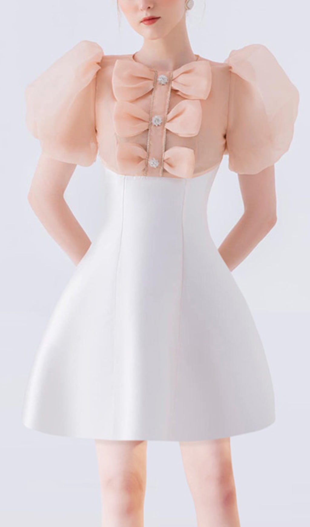 GAUZE BOW PUFF SLEEVE WHITE MINI DRESS
