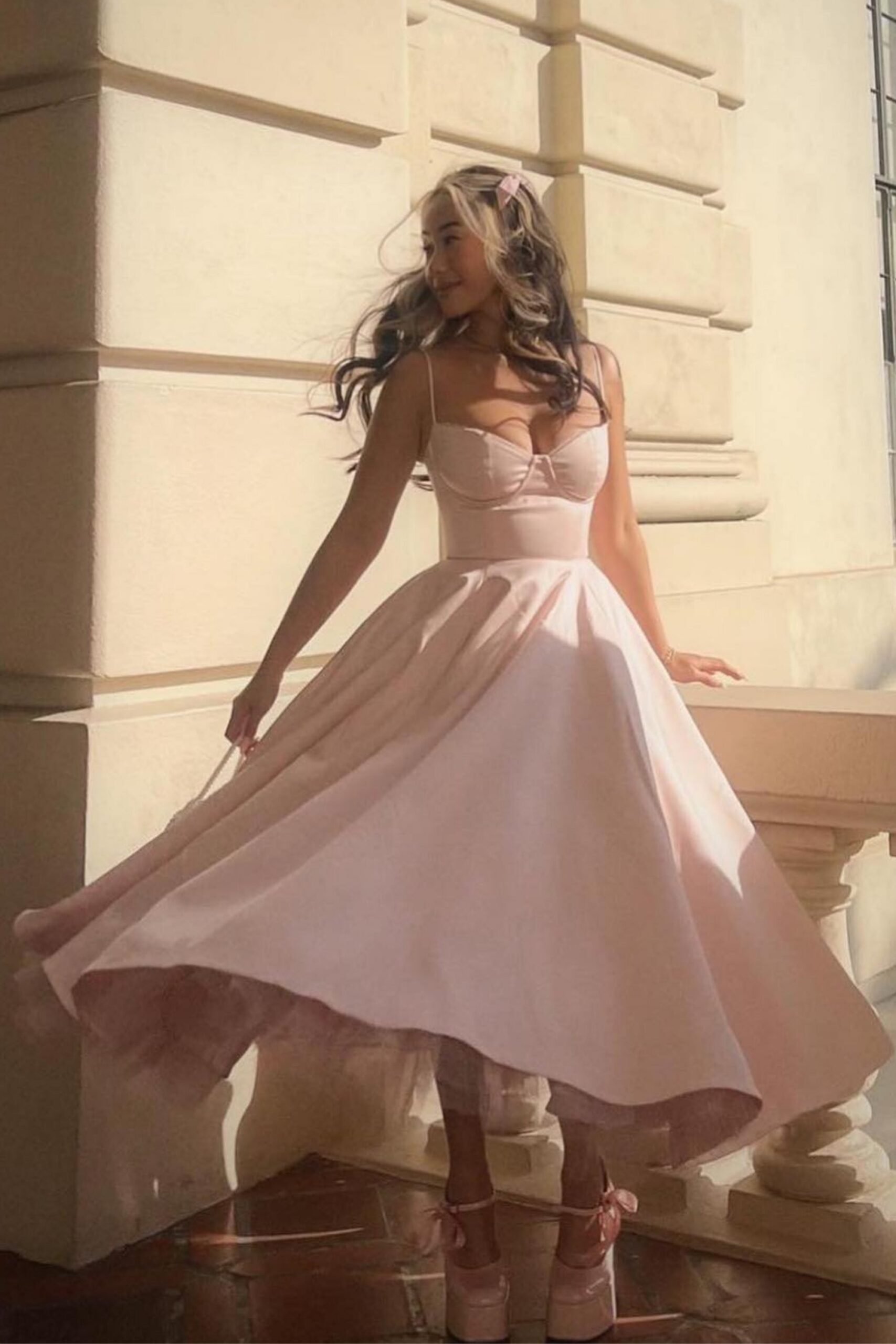 PEACH PARFAIT TWILL CORSET MIDI DRESS