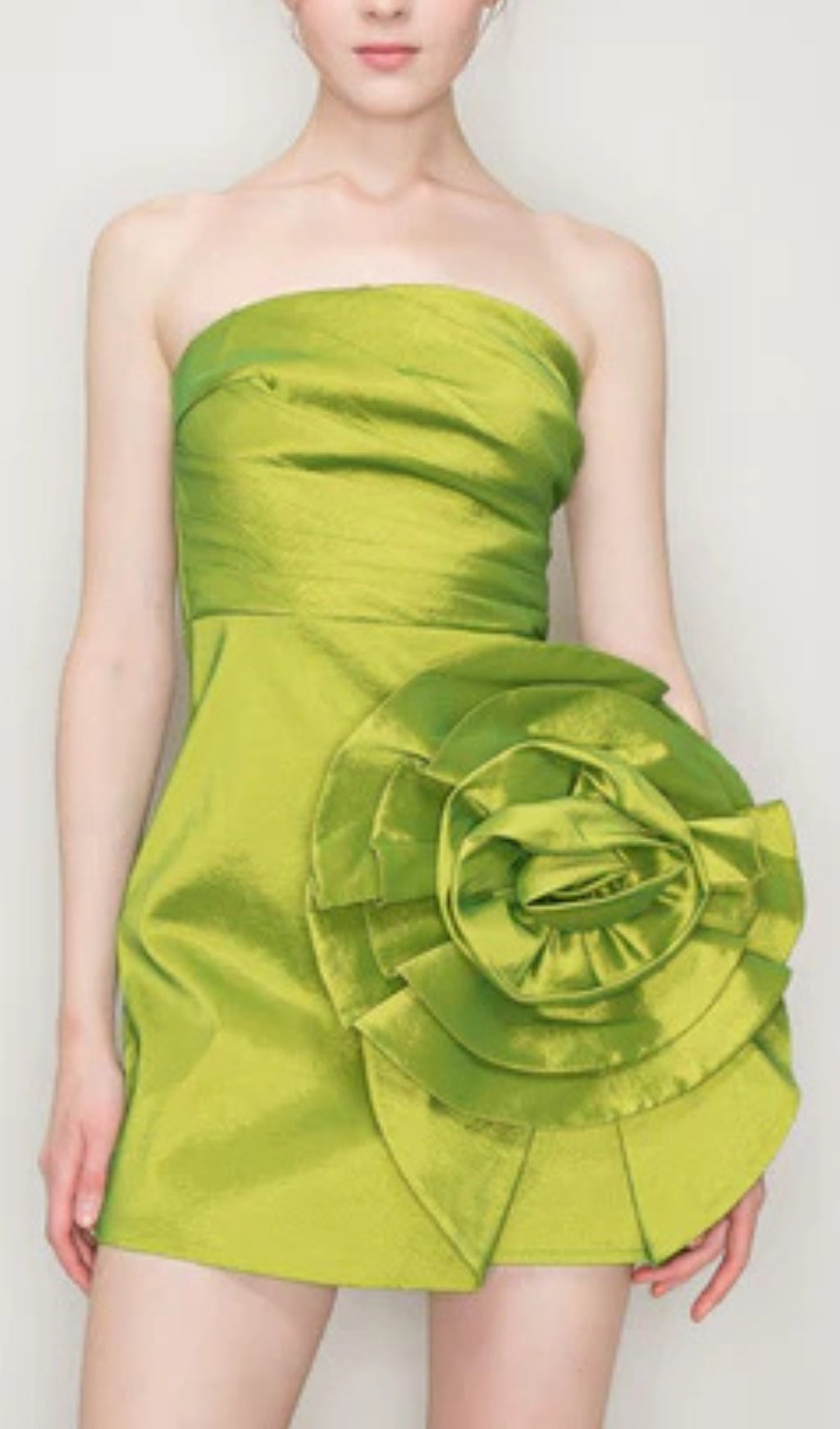 SATIN STRAPLESS 3D FLORAL MINI DRESS