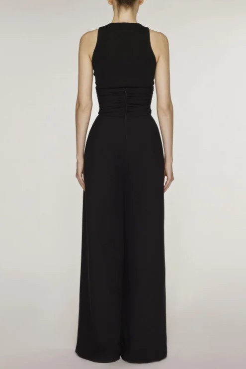 BLACK LONG SKIRT SUIT SET, HIGH WAIST WIDE LEG