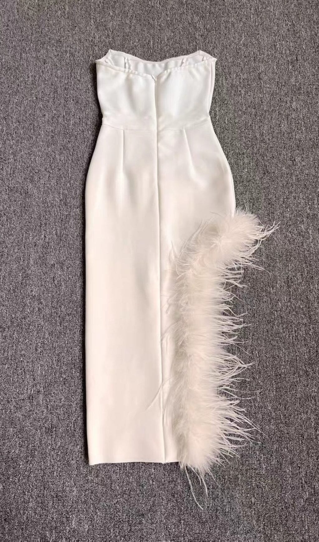 STRAPLESS FEATHER MIDI DRESS, WHITE WEDDING PARTY