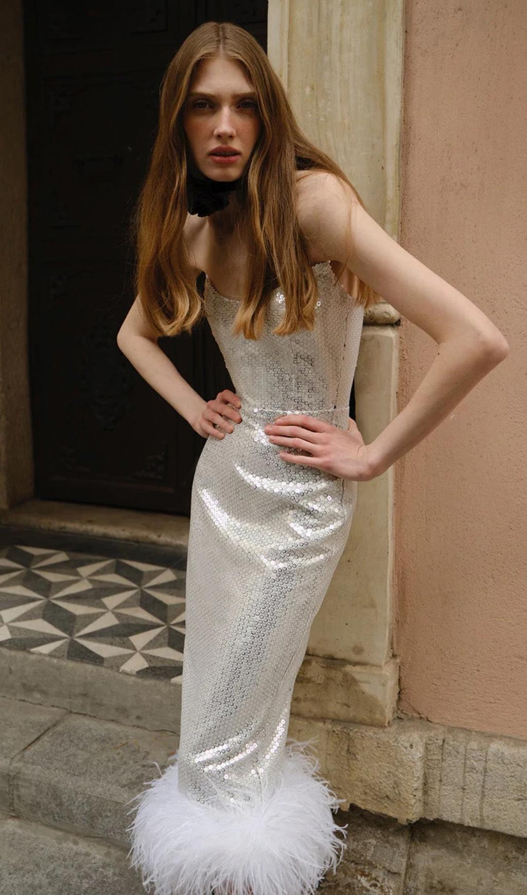 SEQUIN FEATHER WHITE MIDI DRESS FOR PARTY