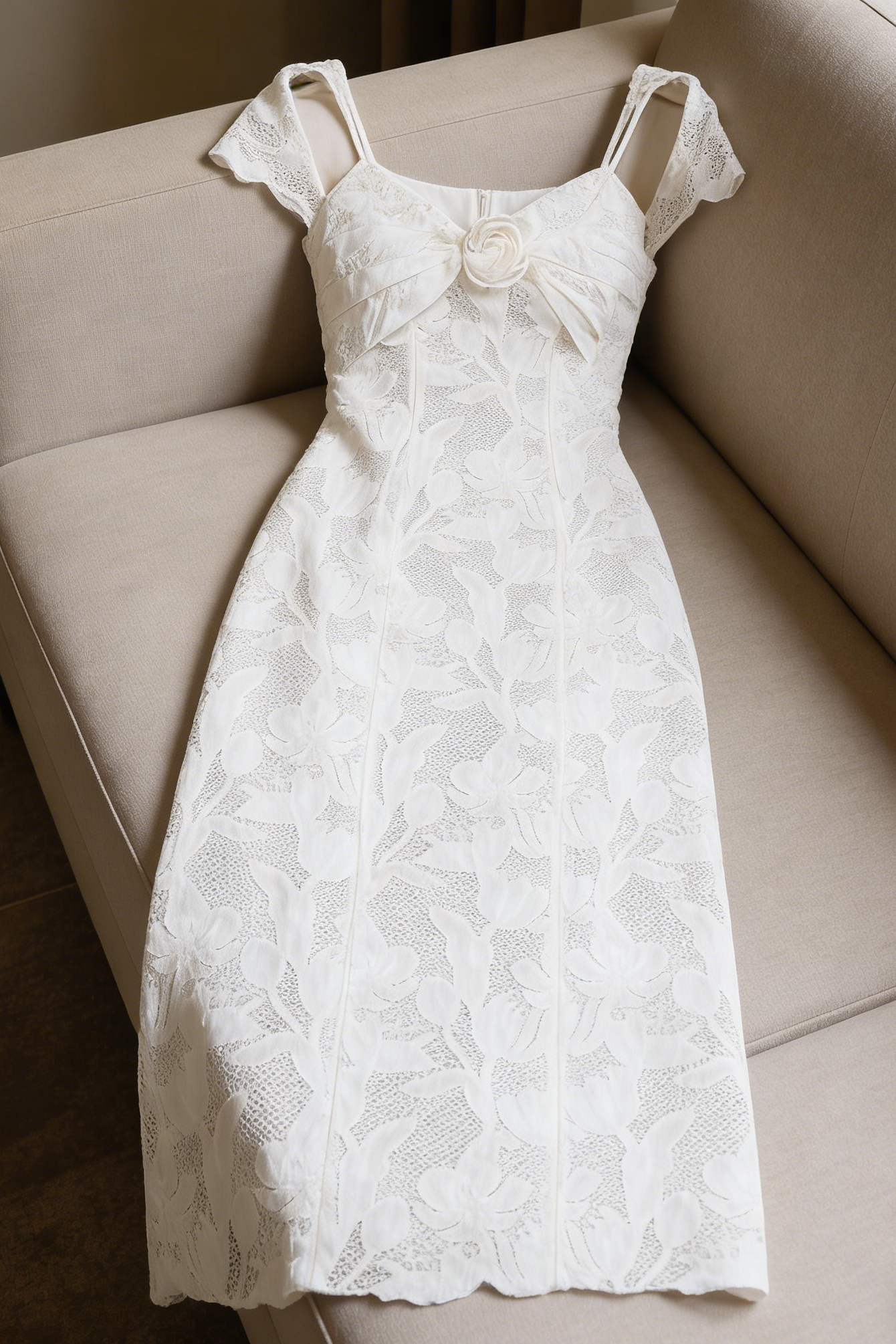 WHITE LACE COLD-SHOULDER MIDI DRESS WITH 3D ROSES