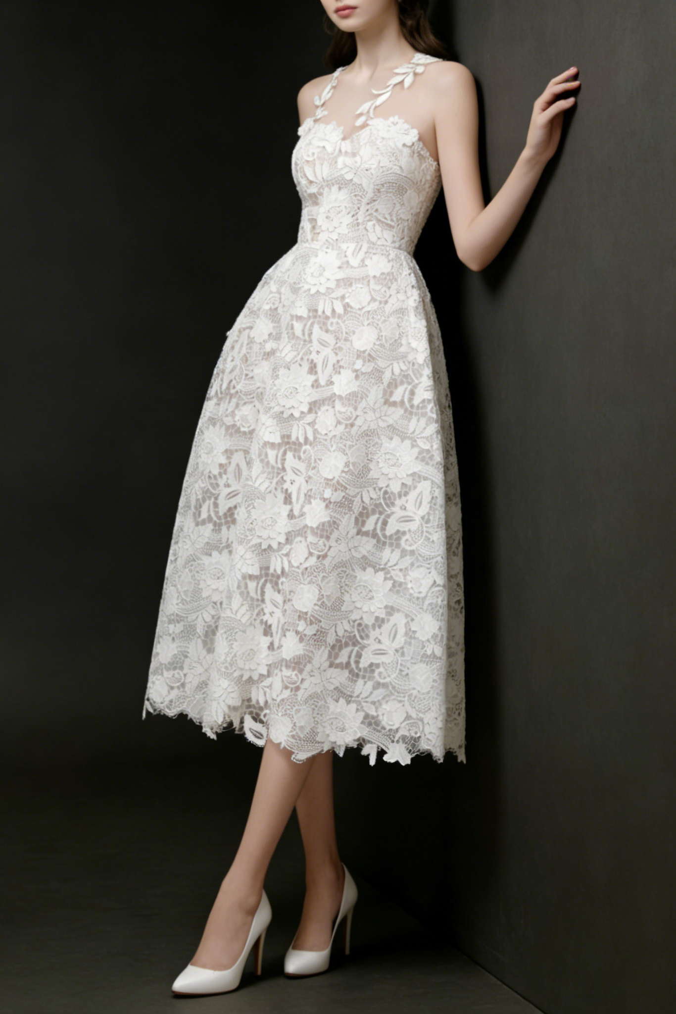 ERICA WHITE FLORAL LACE MIDI DRESS FOR WEDDING GUEST