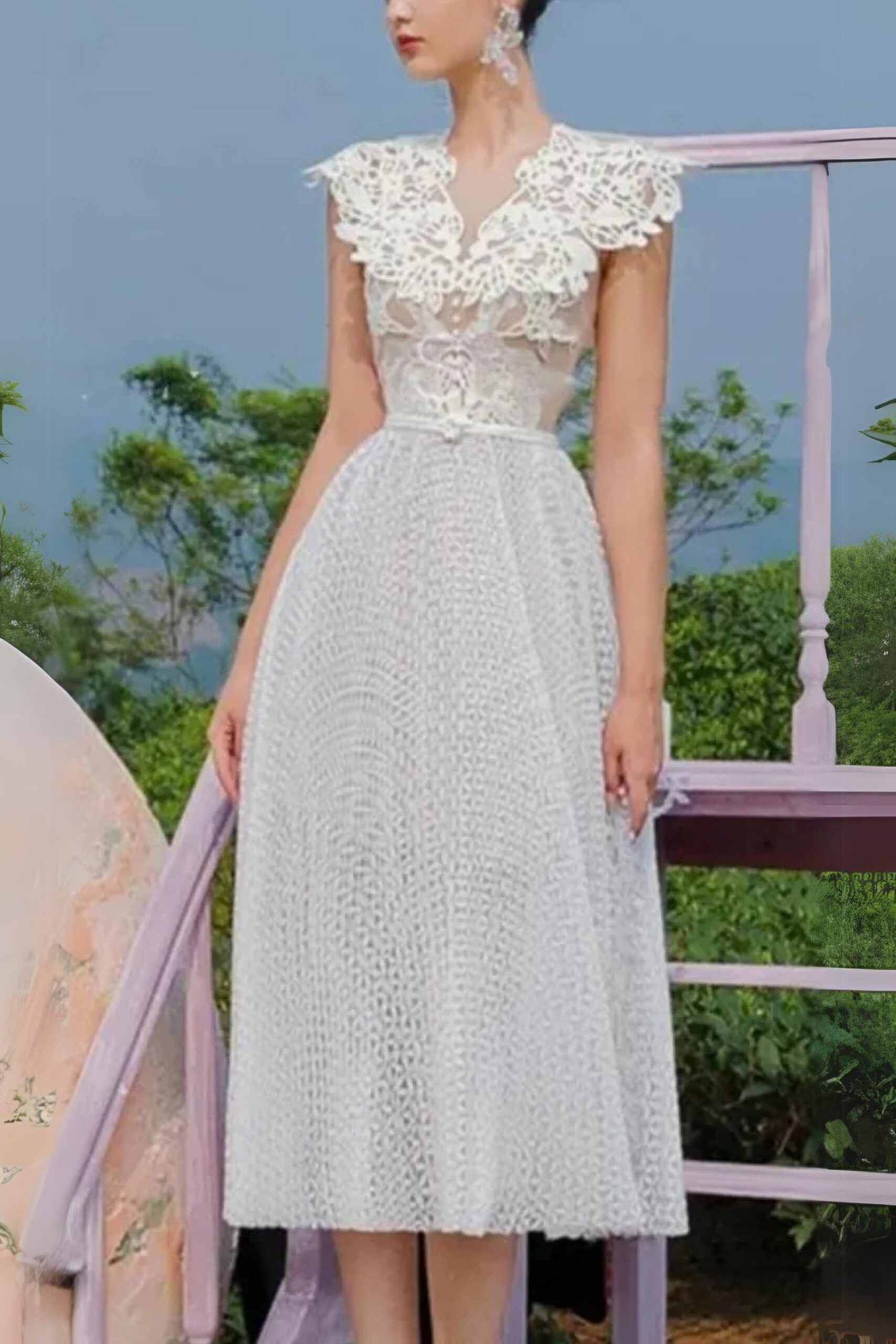 WHITE SLEEVELESS LACE FLORAL MIDI DRESS FOR WEDDING