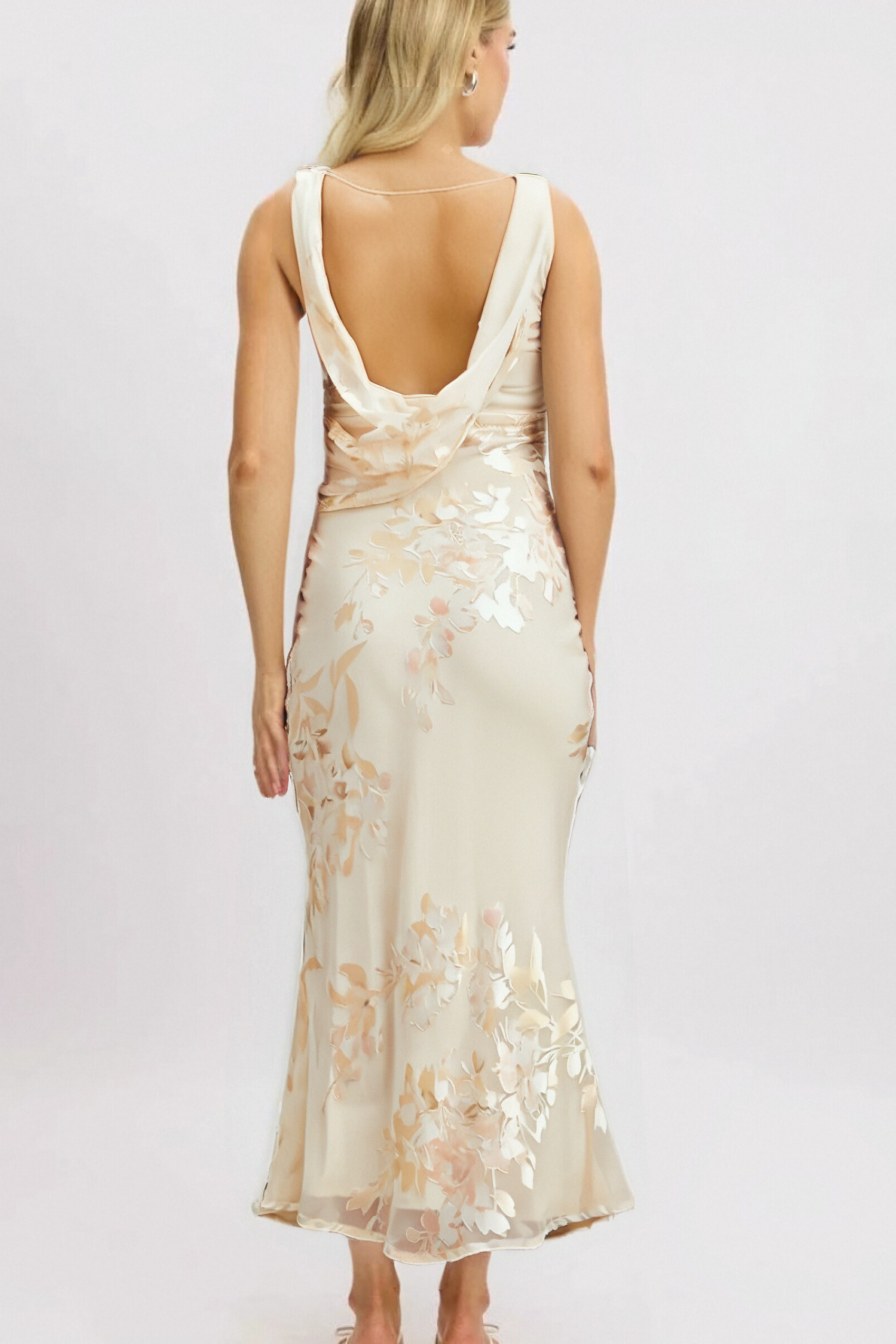 YOLANDA BEIGE FLORAL JACQUARD MIDI DRESS FOR WEDDING GUEST
