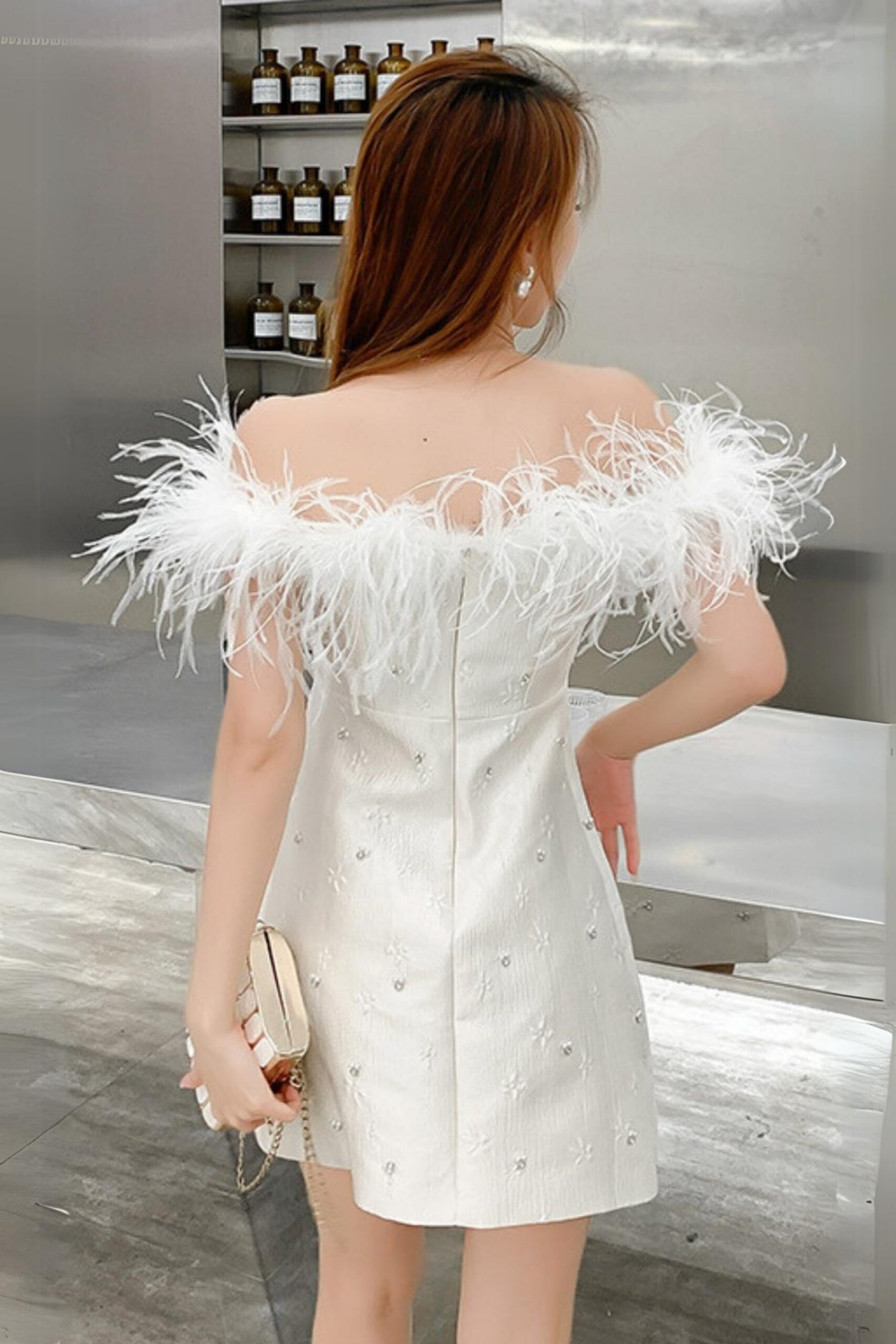 SEXY ONE-SHOULDER FEATHER MINI DRESS FOR PARTY
