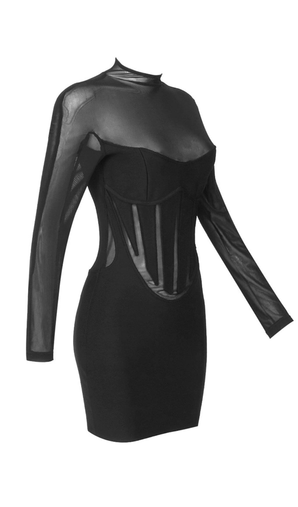 MESH STITCHED SLIM MINI DRESS BLACK