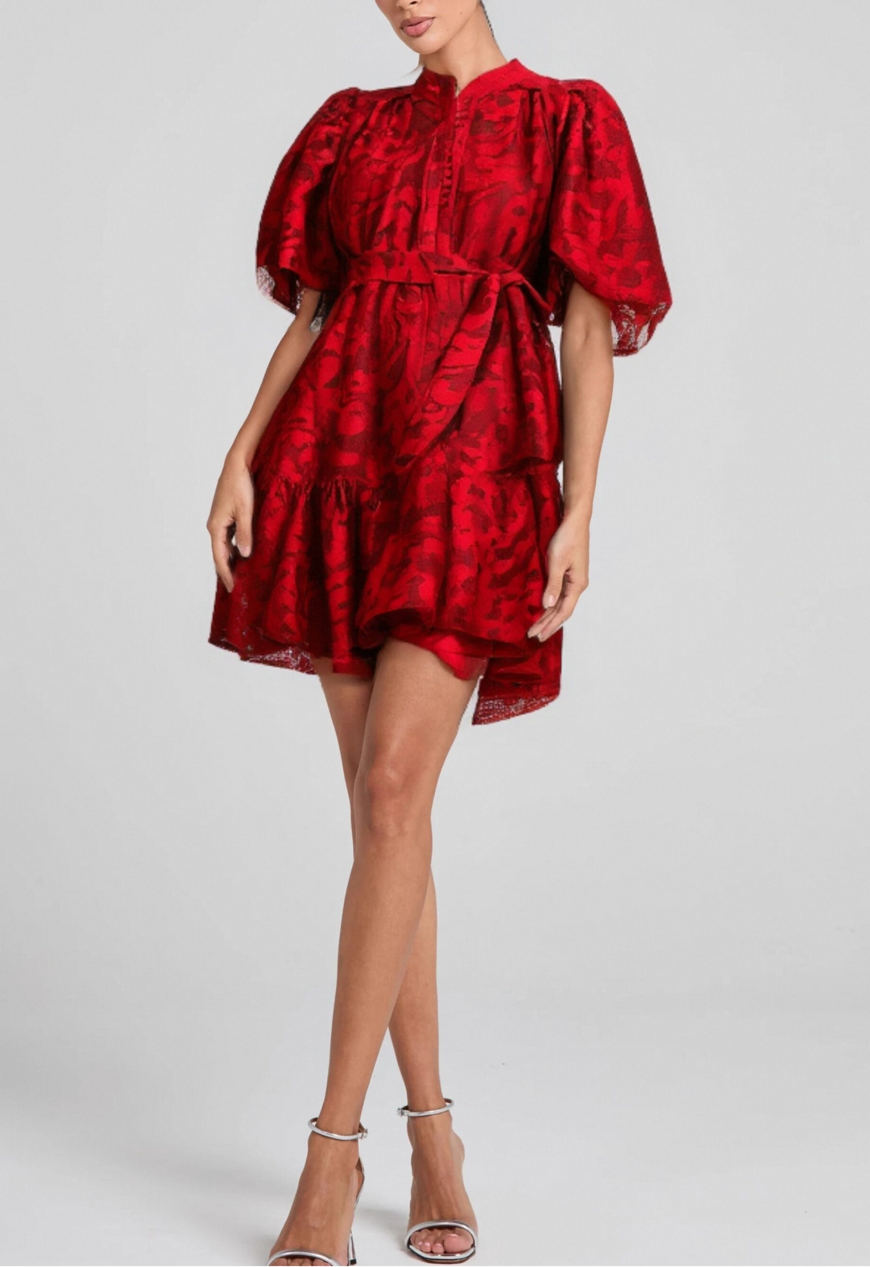 ATHÉNAÏS RED JACQUARD SEMI-SHEER COCKTAIL DRESS