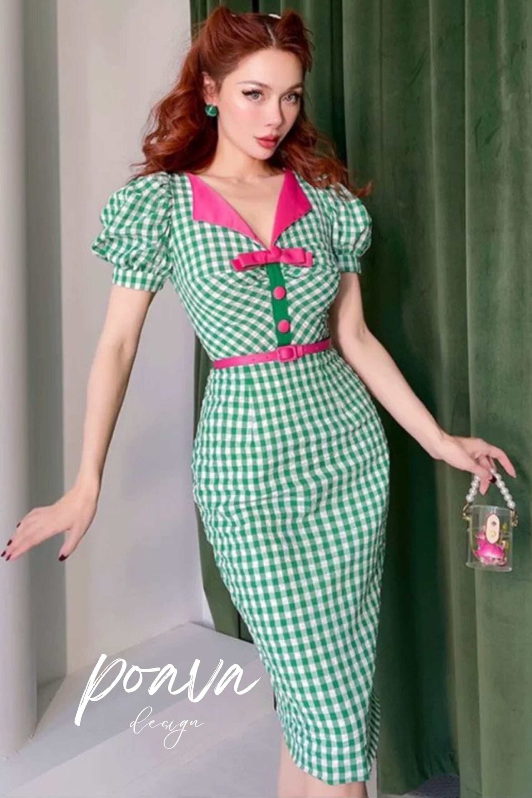 PUFF SLEEVE MIDI DRESS FOR WEDDING GUEST GREEN