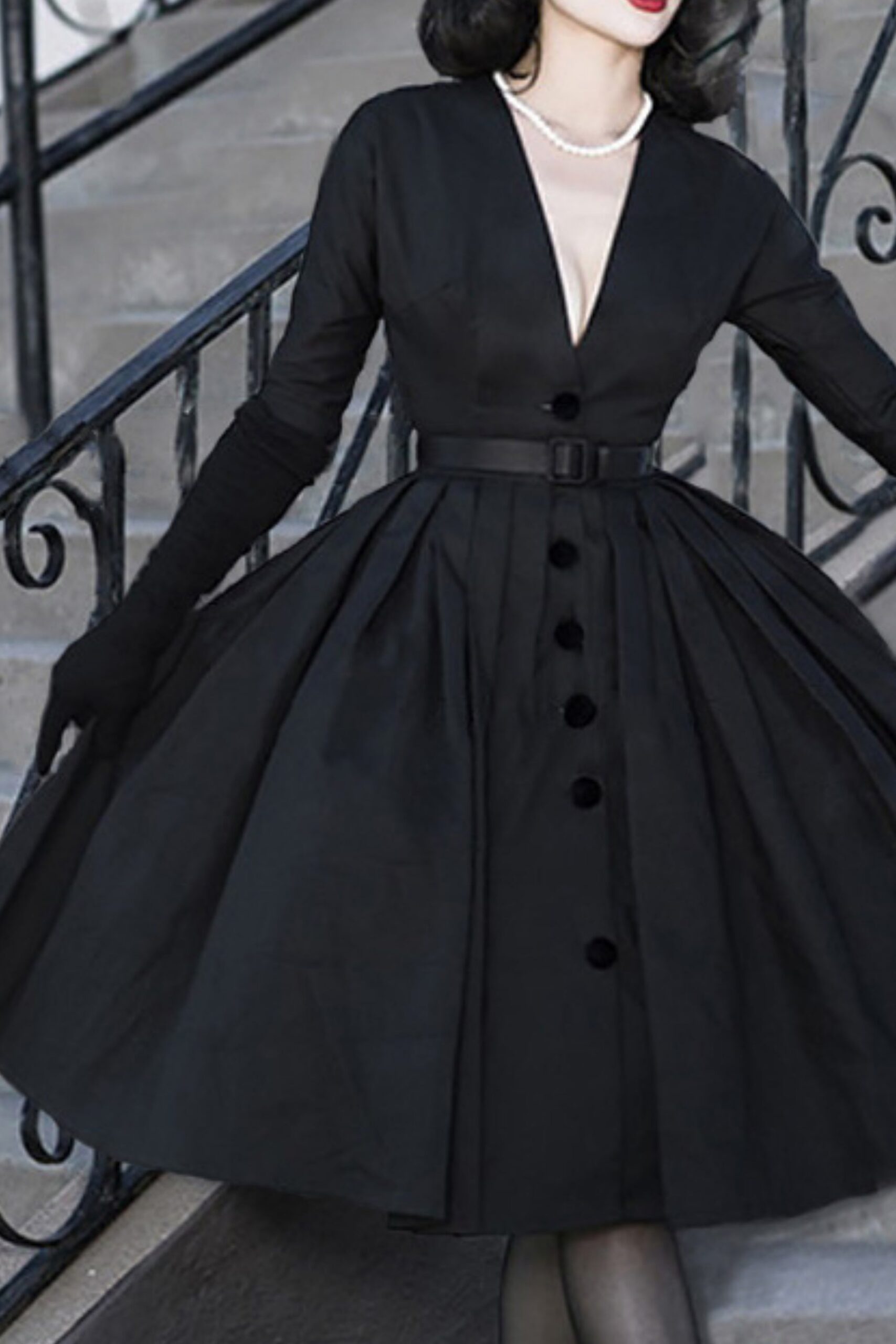 V-NECK MIDI DRESS BLACK, ELEGANT EVENING WEAR