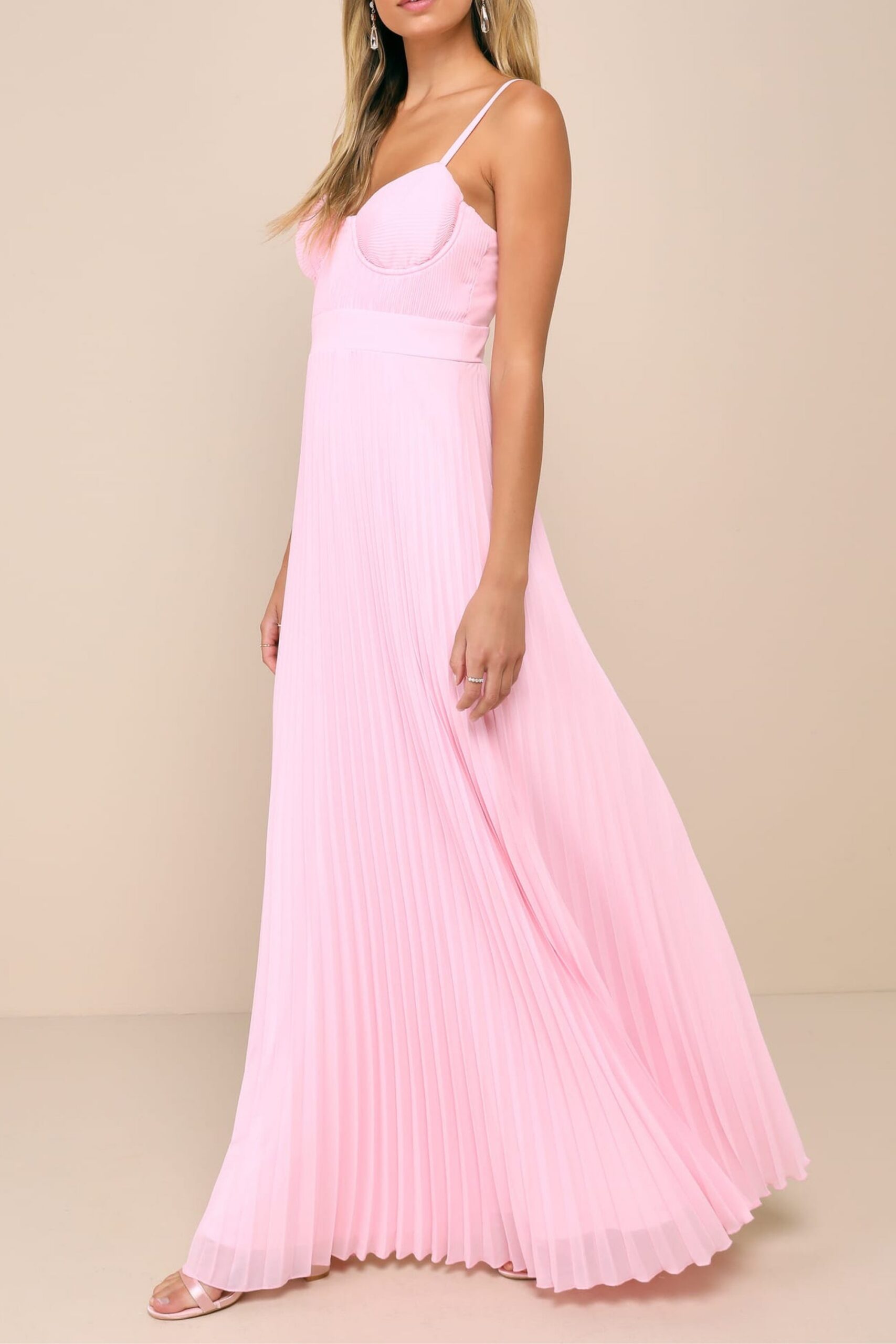 LIGHT PINK PLEATED BUSTIER MAXI PROM DRESS