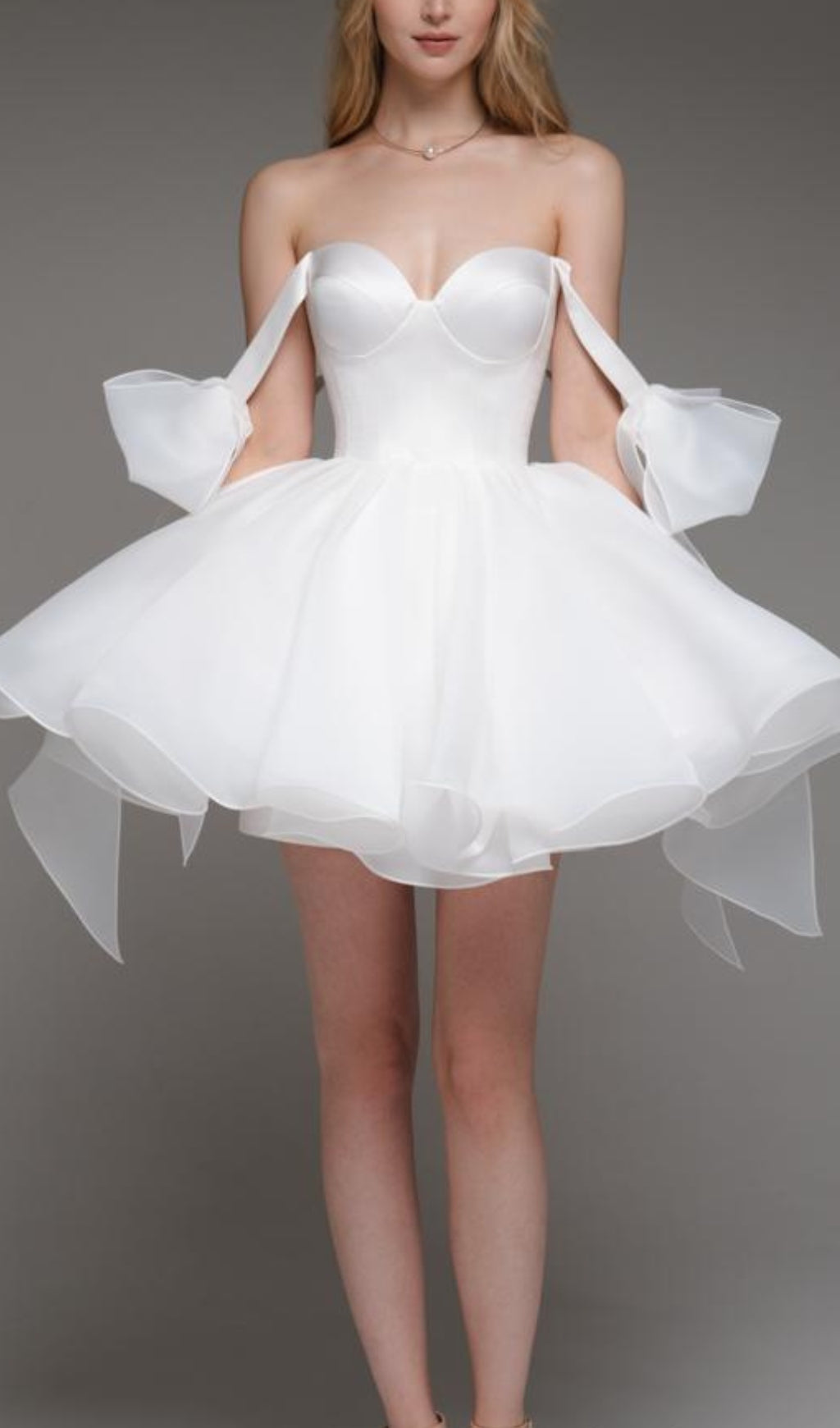 WHITE BOW SHOULDER MINI DRESS FOR PARTY