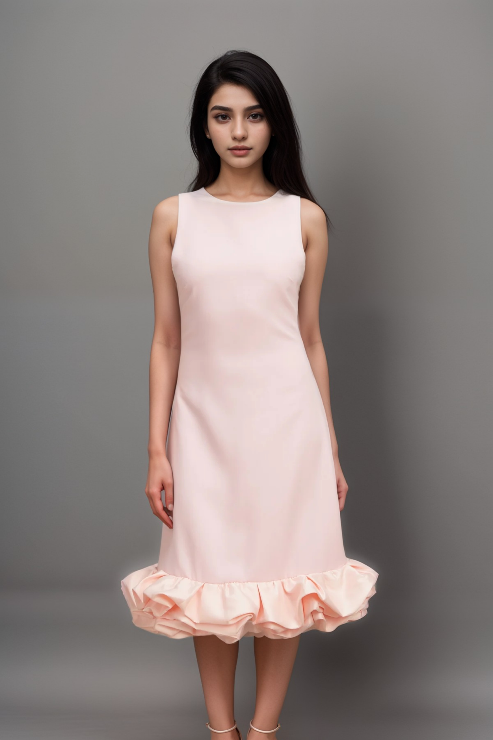 CHIC PINK RUFFLED SLEEVELESS MIDI DRESS
