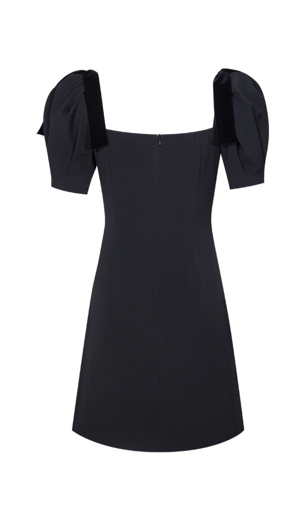 VELVET TIERED PUFF SLEEVE BLACK MINI DRESS