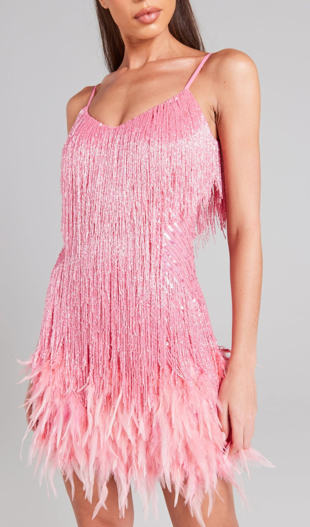 PINK TASSEL FEATHER MINI DRESS FOR PARTY