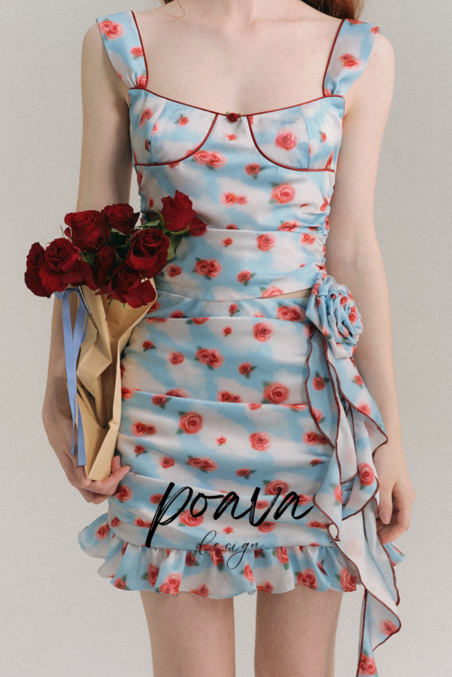 RUFFLE FLORAL BLUE MINI DRESS FOR WEDDING GUEST