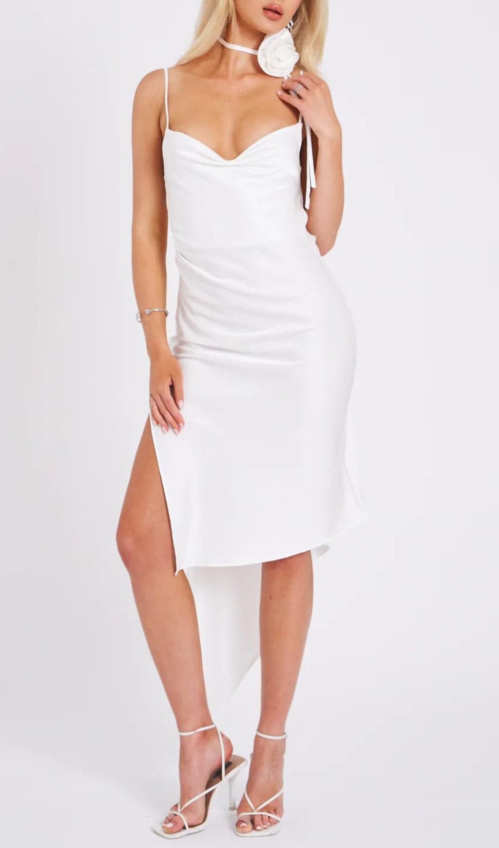 WHITE SATIN DRAPE MIDI DRESS