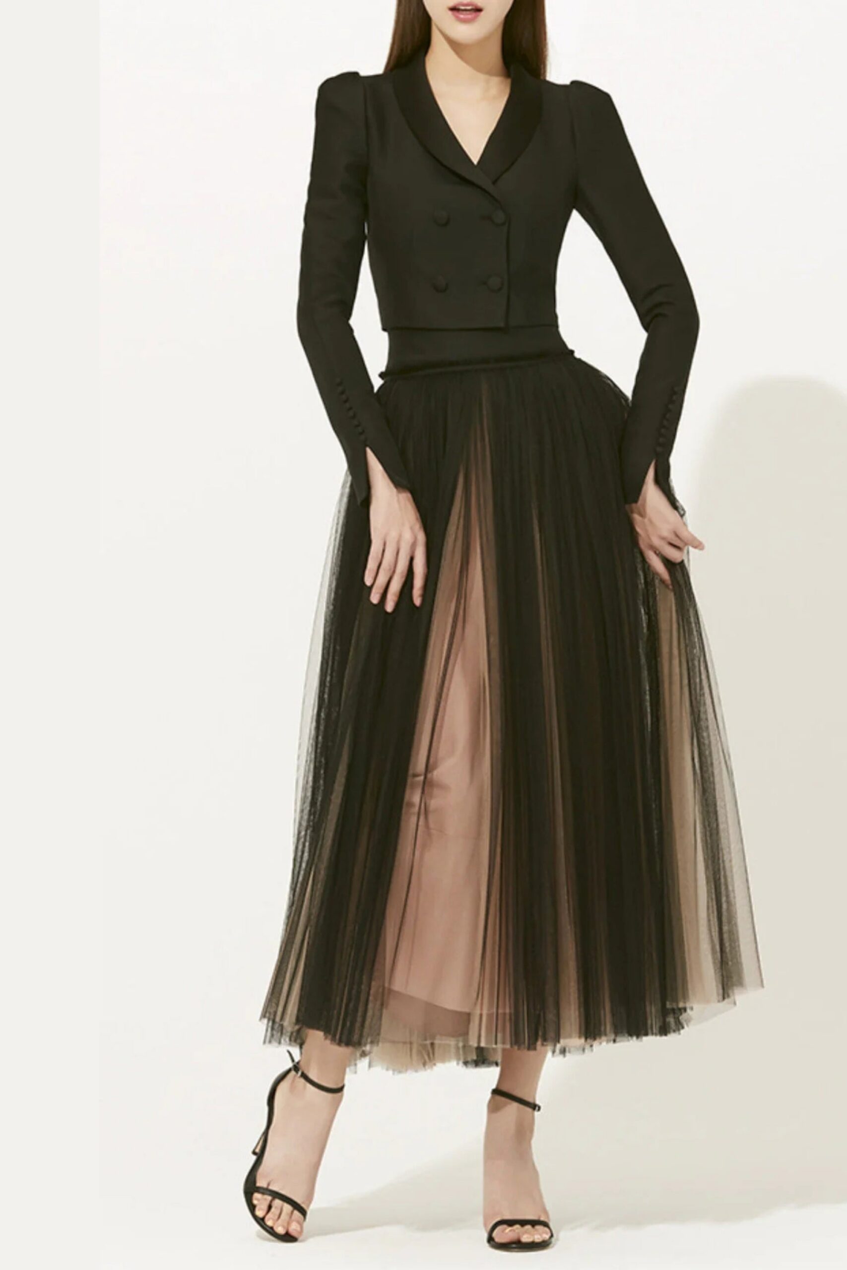 DOUBLE-BREASTED BLAZER & WAISTED MESH DRESS SET