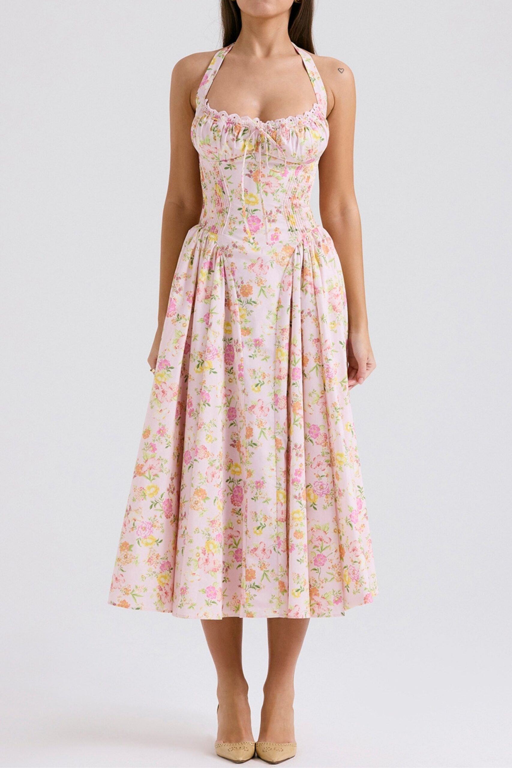PINK COTTON HALTER MIDI SUNDRESS FOR SUMMER