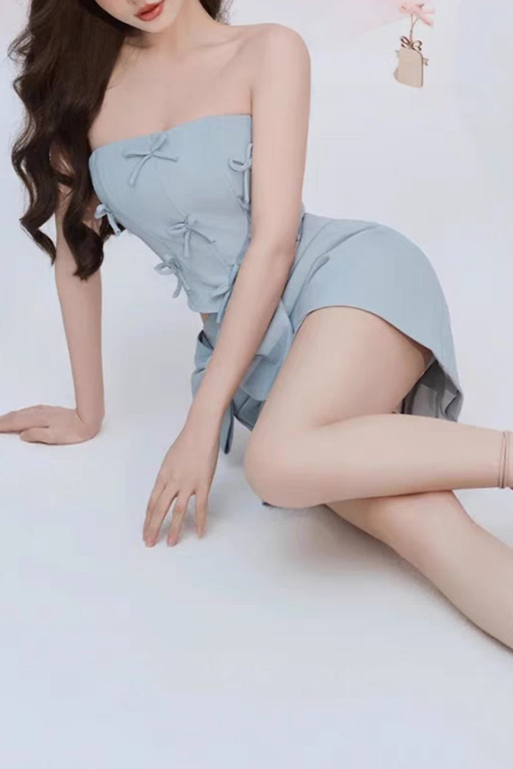 BOW EMBELLISHED BLUE TWO-PIECE SET FOR PARTIES