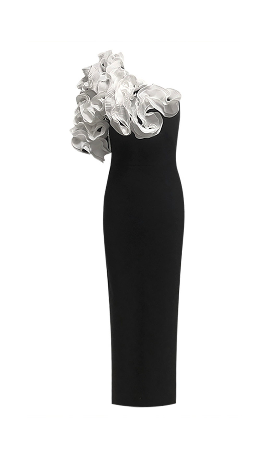 WHITE FLOWER BLACK STRAPLESS MIDI DRESS, EVENING