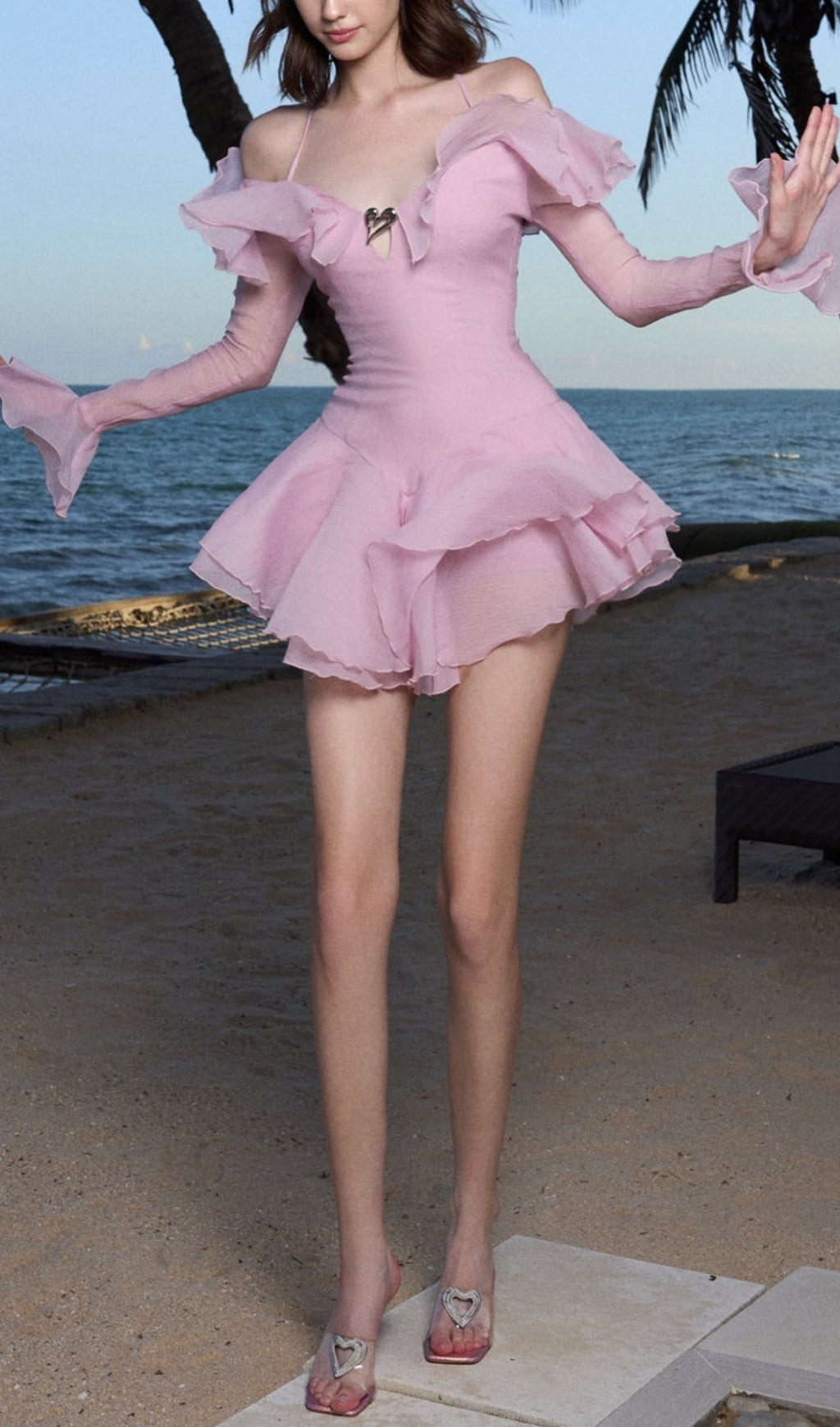 RUFFLED PINK HALTER MINI DRESS FOR PARTY
