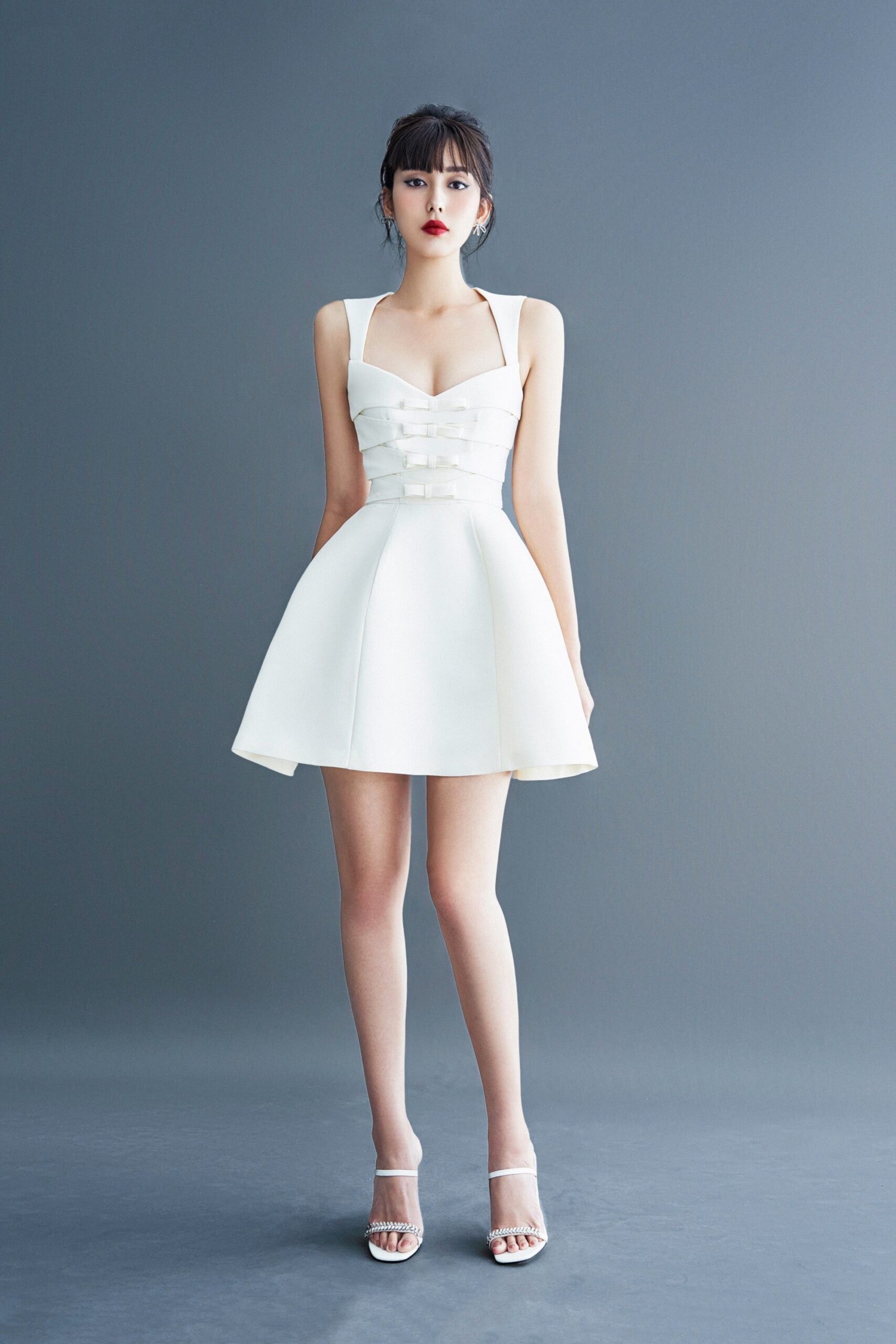 ALYSSA BOW WHITE SATIN MINI DRESS FOR WEDDING