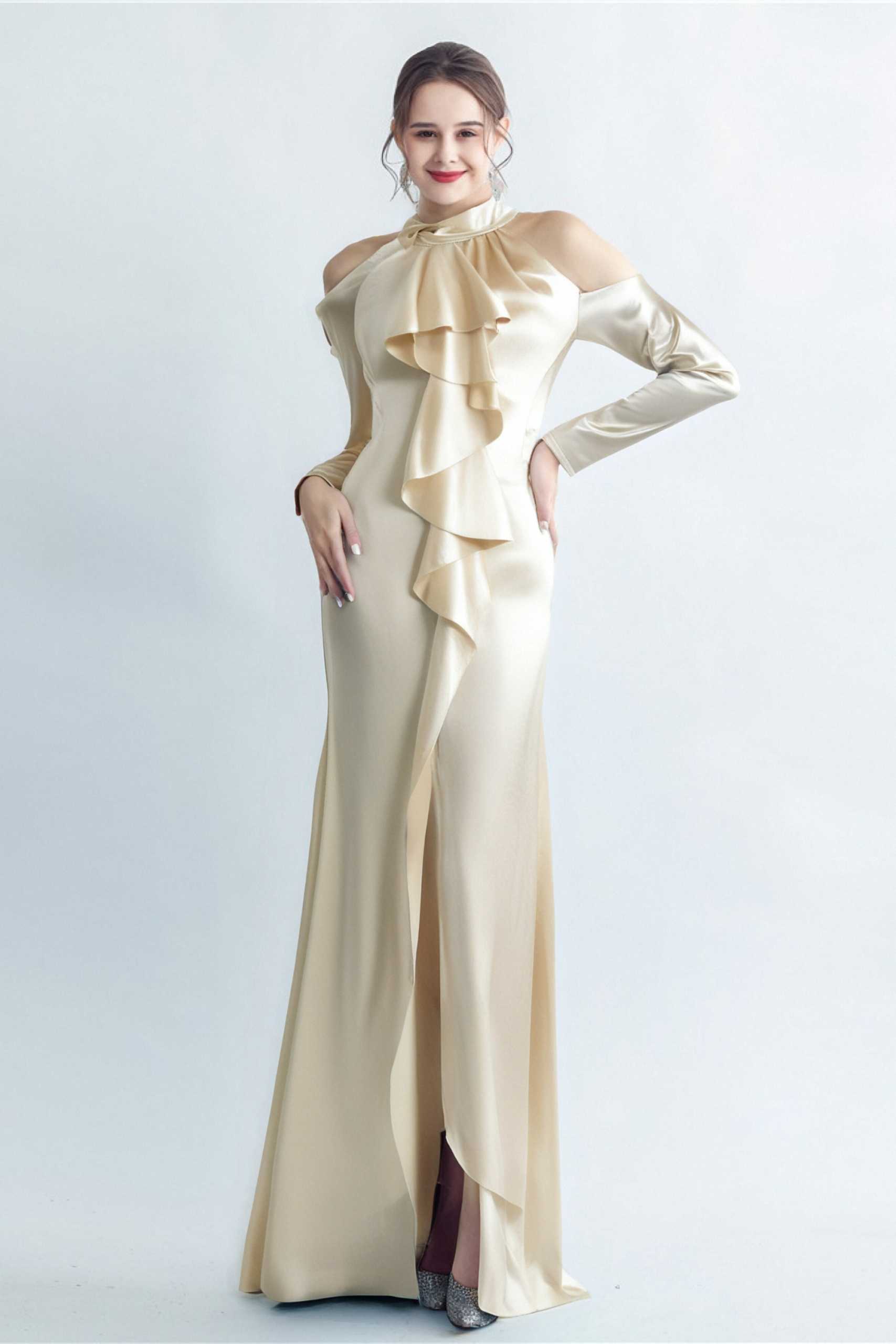 RAE CHAMPAGNE ONE-SHOULDER RUFFLE MAXI DRESS