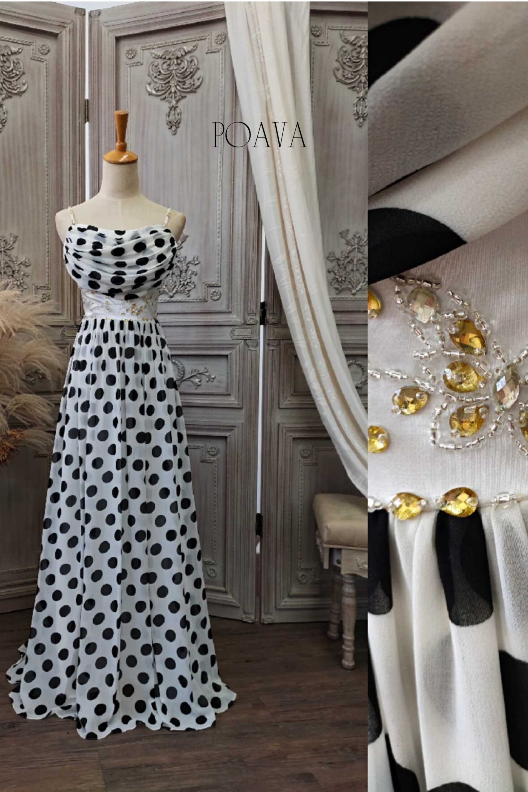 CHIFFON MAXI DRESS WITH BLACK DOTS FOR PARTY