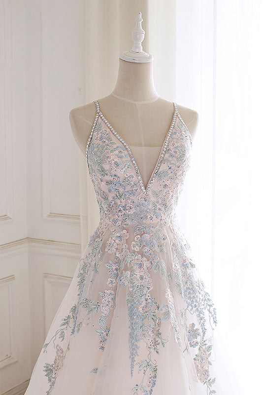 WHITE V-NECK TULLE LACE WEDDING DRESS