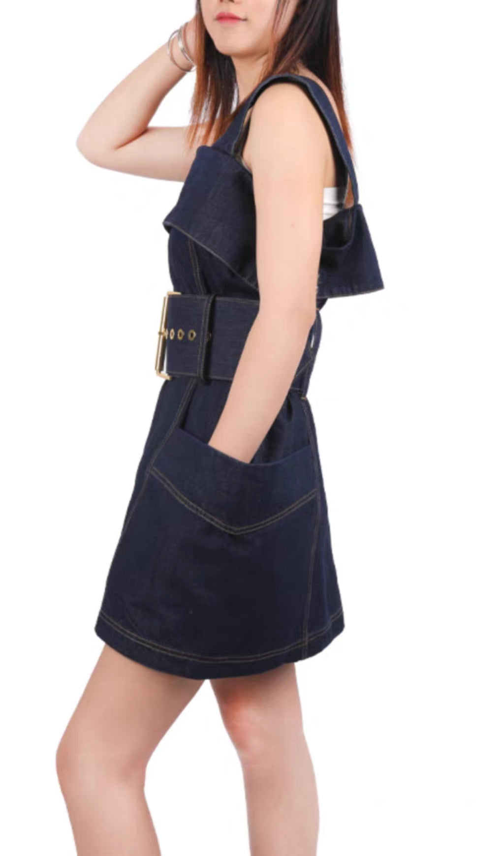 RUFFLED DENIM SUSPENDER DRESS, BLUE, CASUAL