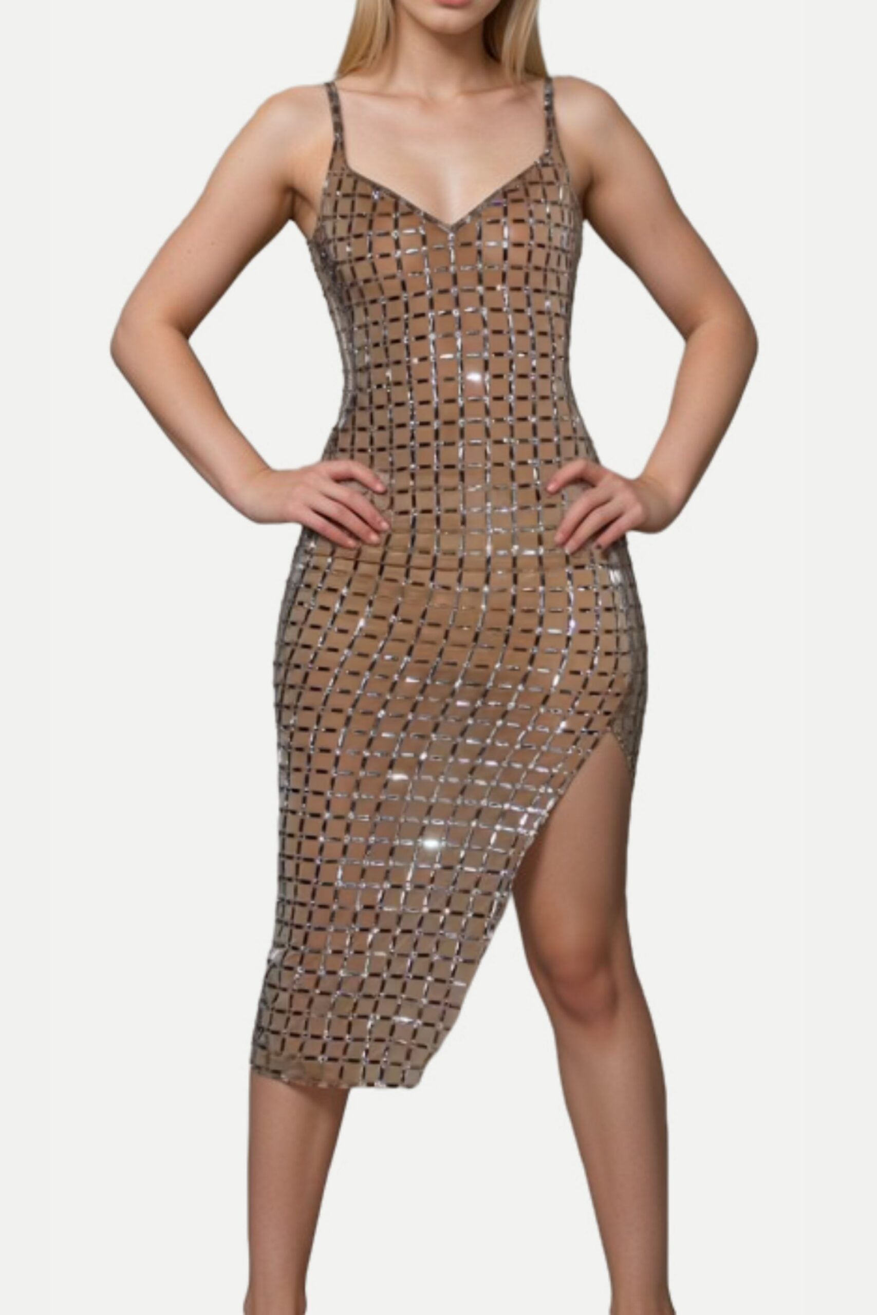 SEQUIN SLIT MIDI DRESS APRICOT FOR EVENING