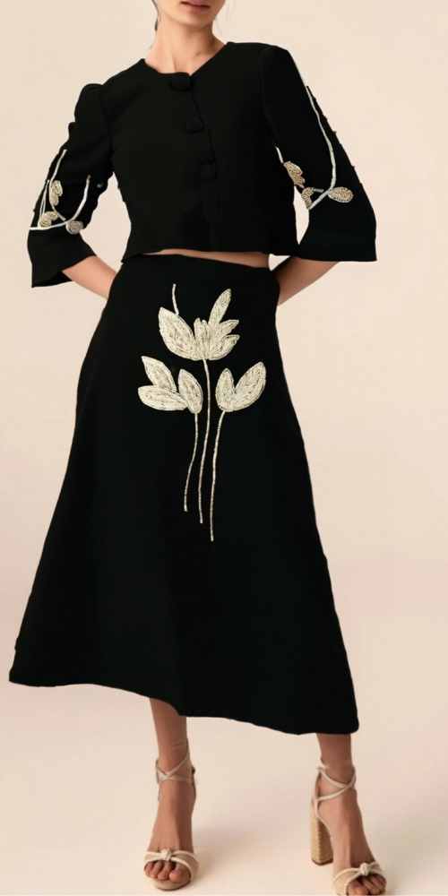 Pauline black floral-appliqué jacket & skirt matching set