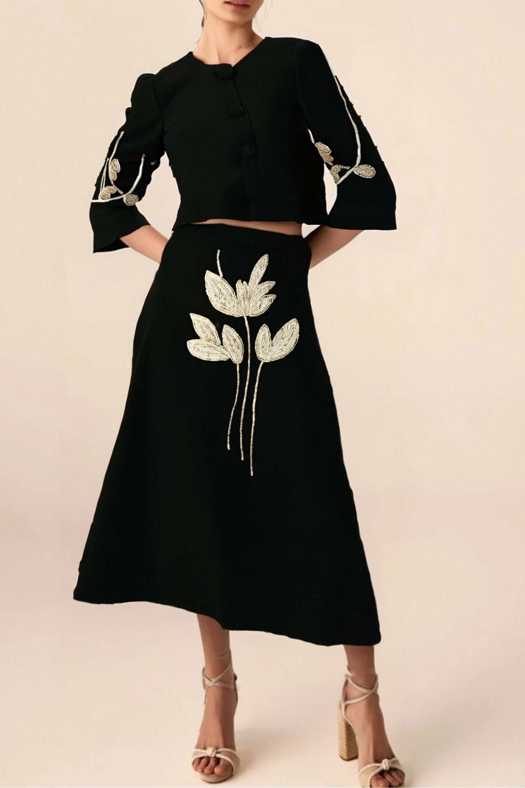Pauline black floral-appliqué jacket & skirt matching set
