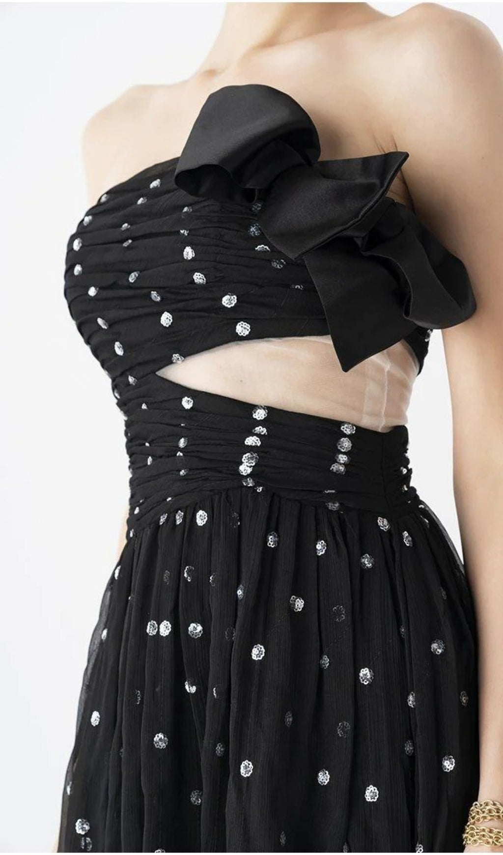 POLKA DOT BANDEAU DRESS BLACK PARTY MINI