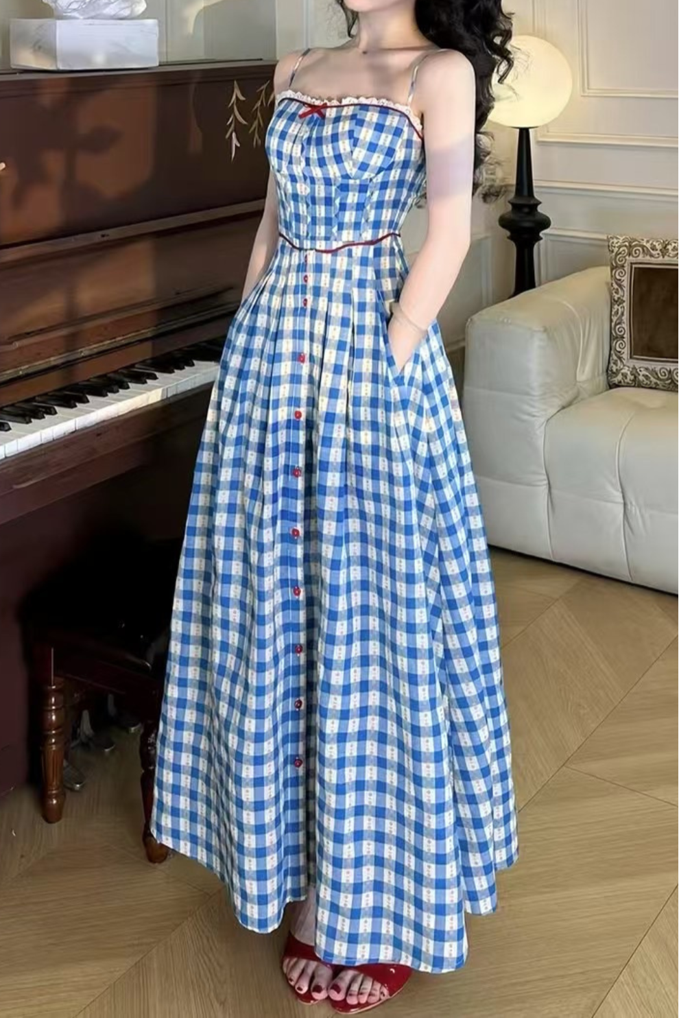 VIRGINIA BLUE PLAID STRAP MAXI DRESS