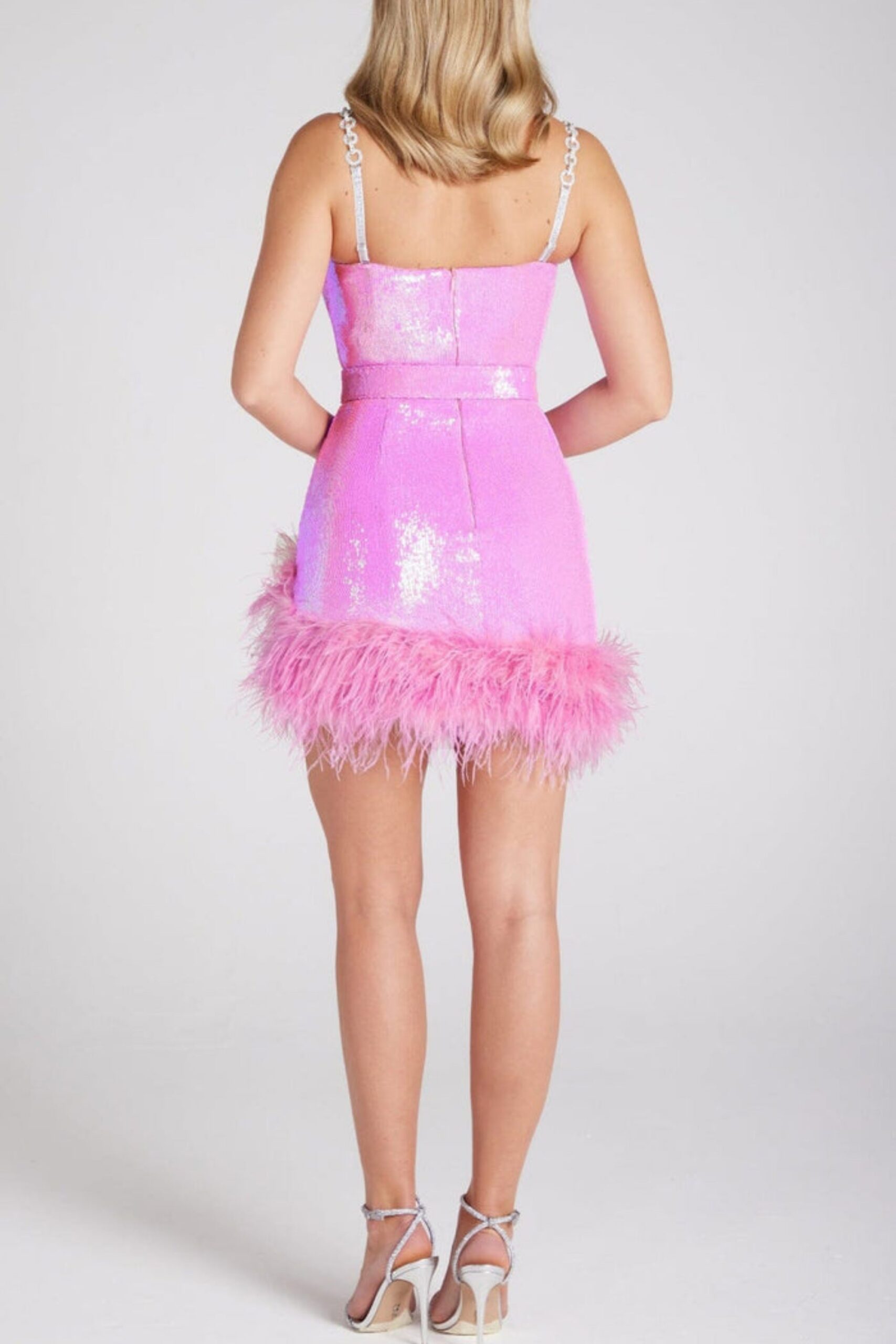 SEQUIN FEATHER BELT MINI DRESS PINK PARTY