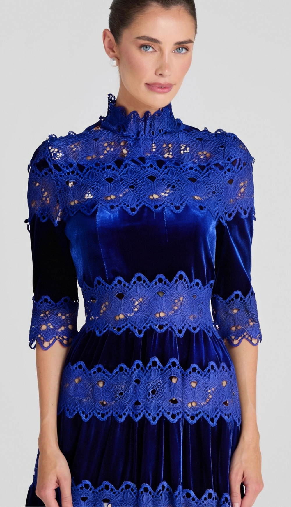 HOLLOW PATCHWORK VELVET MIDI DRESS, BLUE
