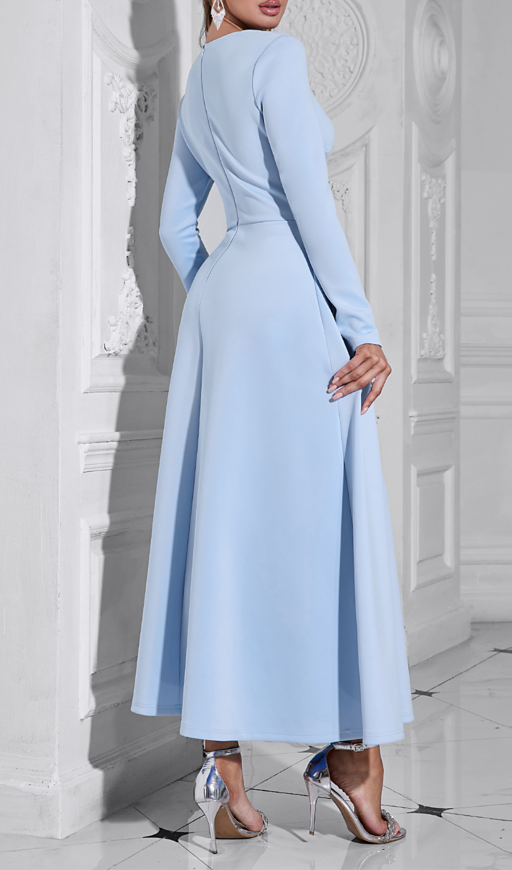 LONG SLEEVE SATIN A-LINE MAXI DRESS BLUE