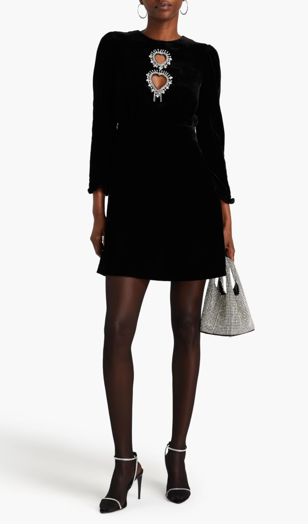 CRYSTAL CUTOUT VELVET MINI DRESS, BLACK, PARTY