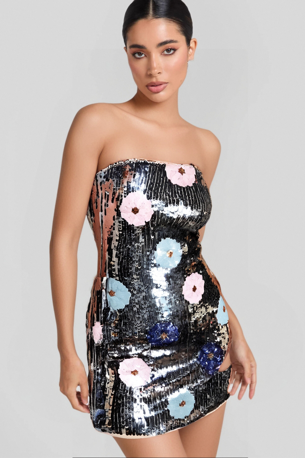 STRAPLESS FLORAL SEQUIN COCKTAIL DRESS