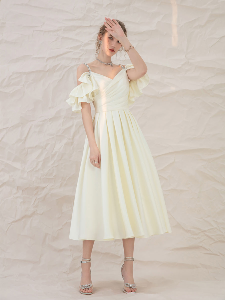 LIGHT YELLOW SATIN MIDI PROM DRESS