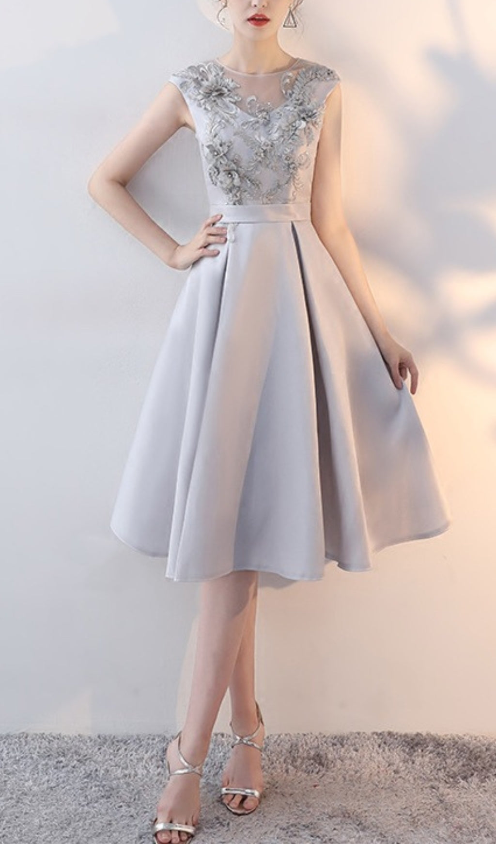 GRAY LACE MIDI DRESS FOR WEDDING GUEST